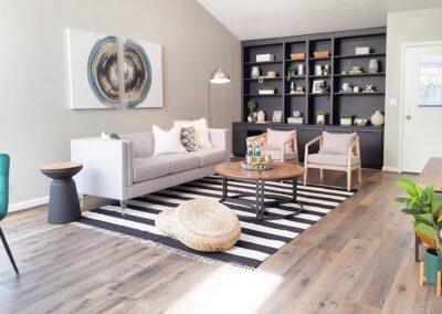 Family Room with Wall Shelves with Black Build-ins in Staged Home at 1925 Josephine Avenue, San Jose, CA